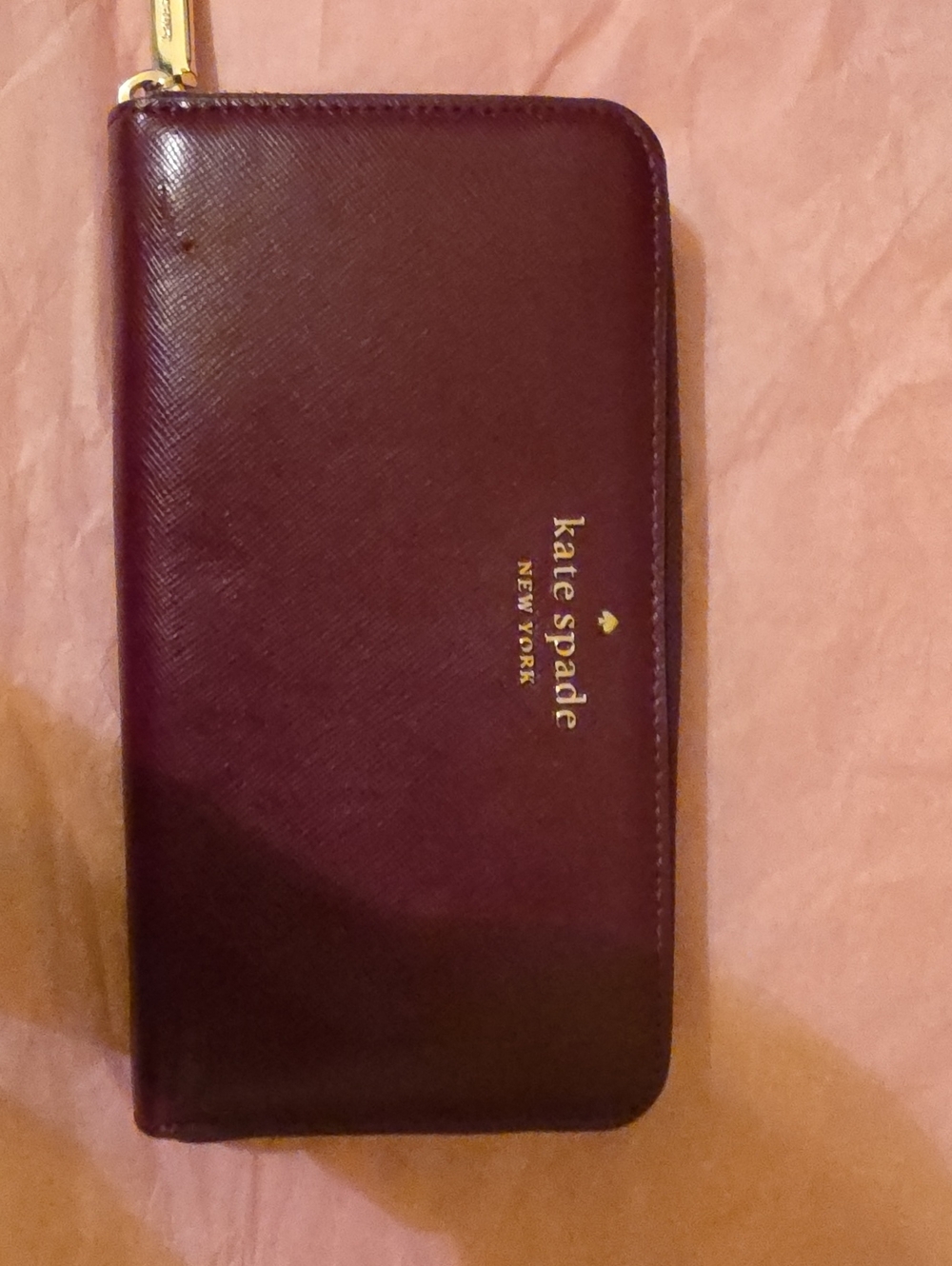 kate spade plum zip-around wallet with gold logo
